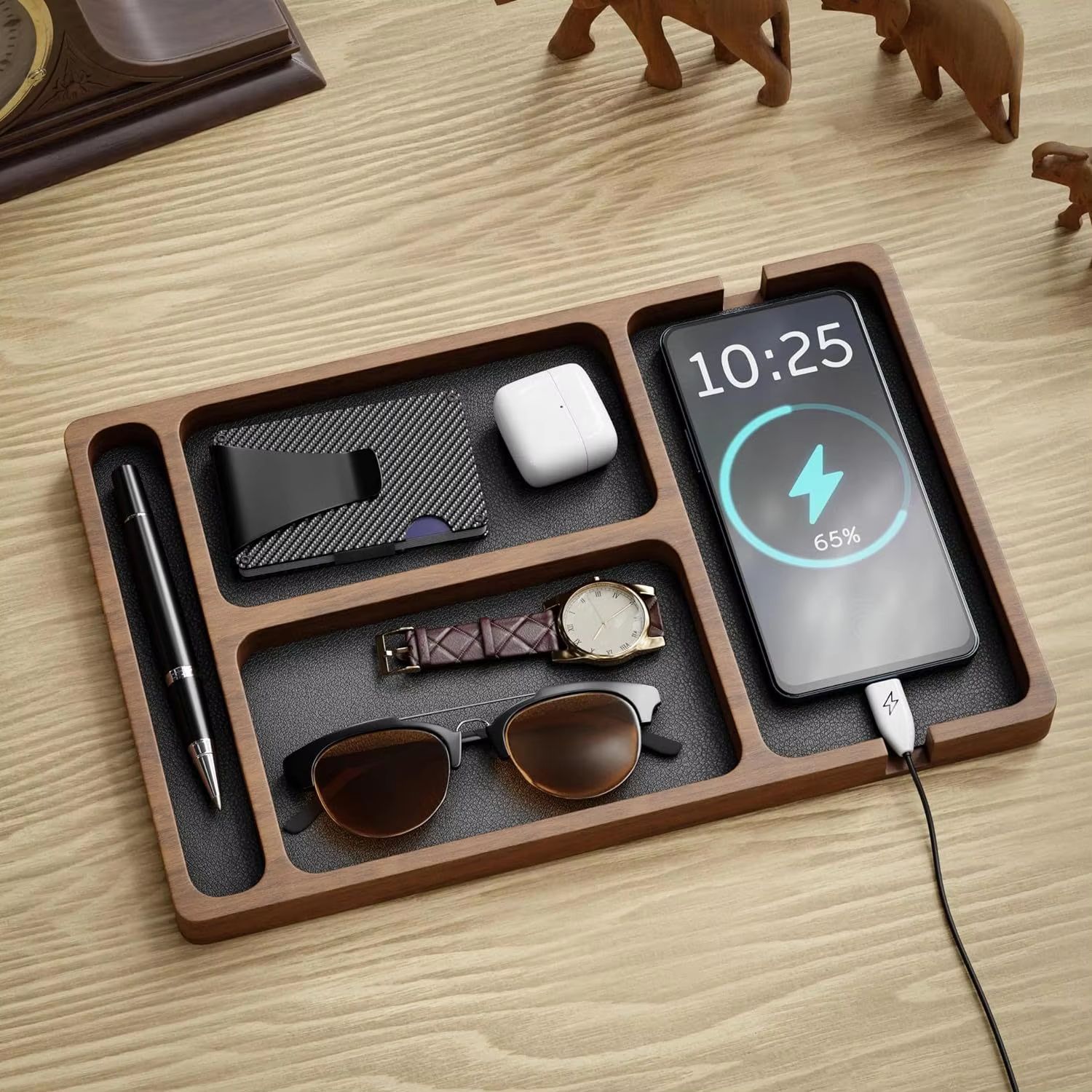 Solid Wood Desktop Storage Box with Partitions for Phones, Headphones, and Small Items
