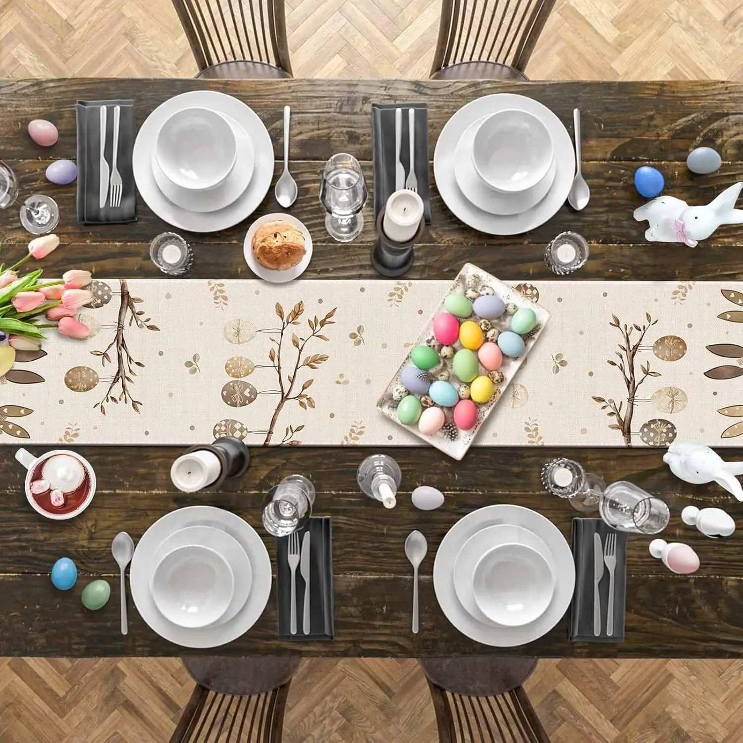 Easter Bunny & Botanical Linen Table Runner | Rustic Spring Holiday Dresser Scarf