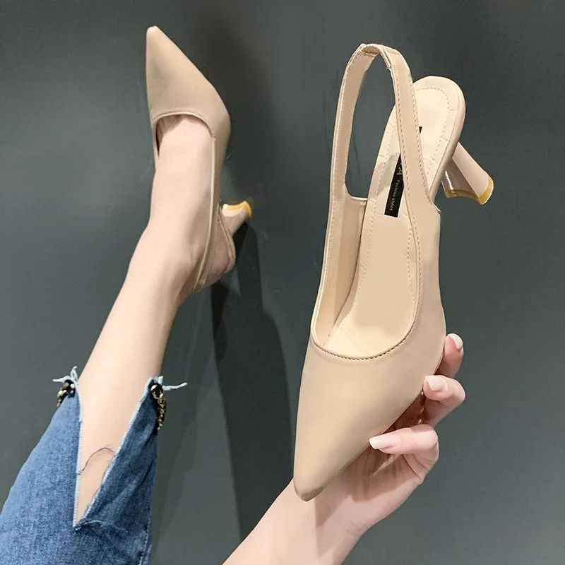 Summer Breathable Pointed Toe Stiletto Heels Elegant PU Shallow Cut Sandals