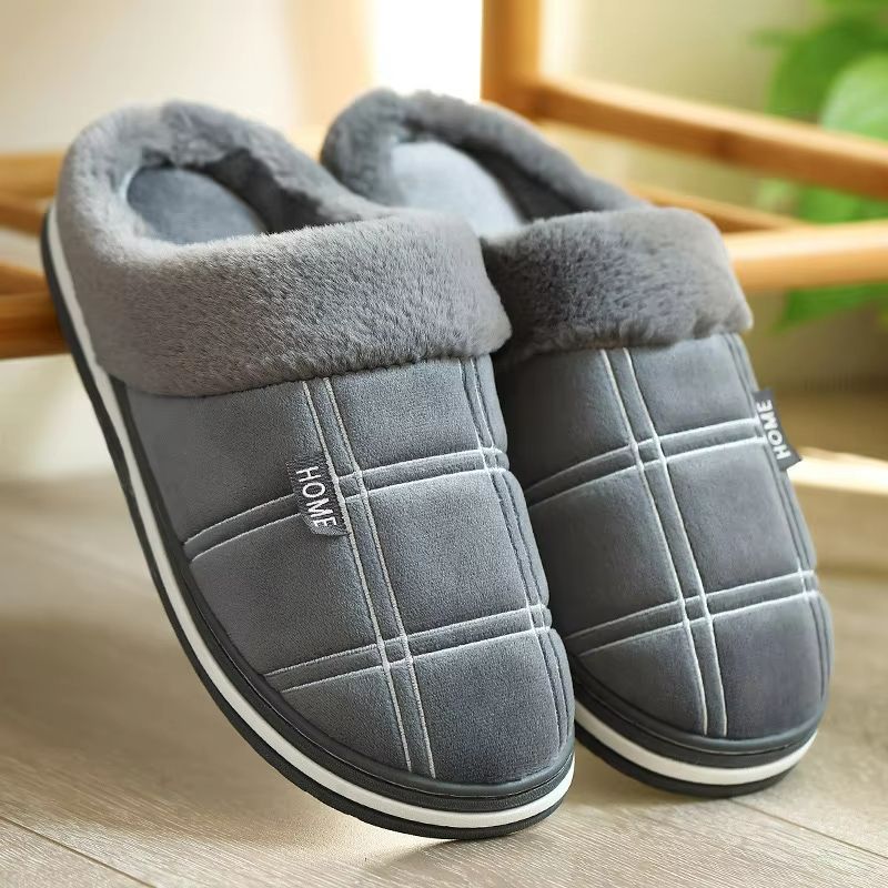 Men's Large Size Plaid House Slippers – Memory Foam Indoor Winter Shoes with Warm Plush & Non-Slip Sole