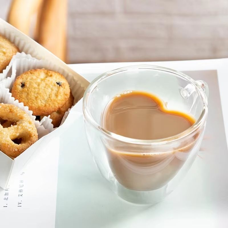 Heart Shaped Double Wall Glass Mug Set for Couples Heat Resistant Coffee Tea Espresso Wine Cups