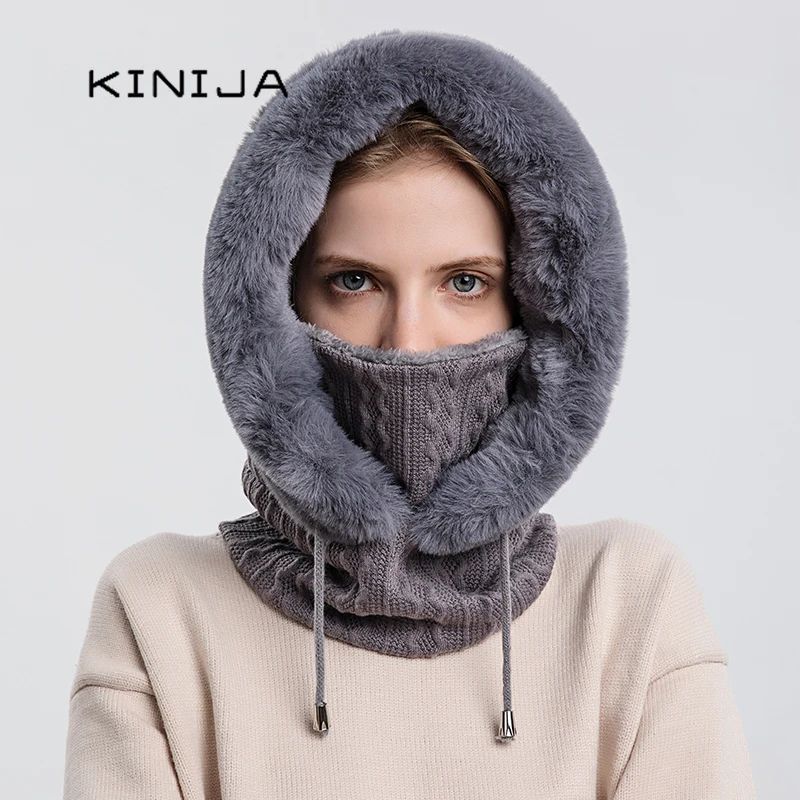 Women Winter Fur Cap Mask Set, Hooded Knitted Cashmere Balaclava Ski Hat with Thick Fluffy Beanies & Neck Warmer H