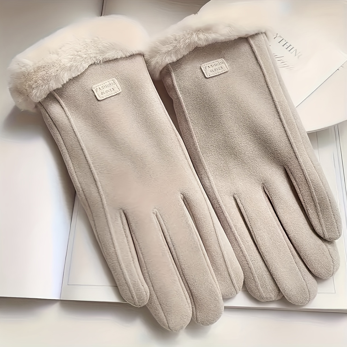 Comfortable beige gloves, plush-lined touchscreen winter gloves, warm thick protection for outdoor leisure
