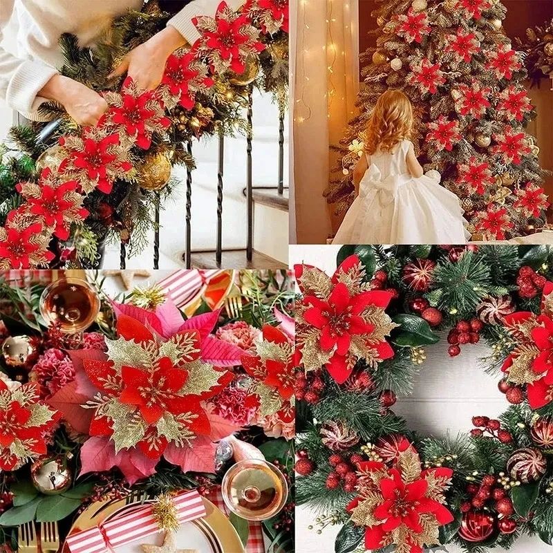 Glitter Pink Poinsettia Christmas Tree Flowers Set 5pcs