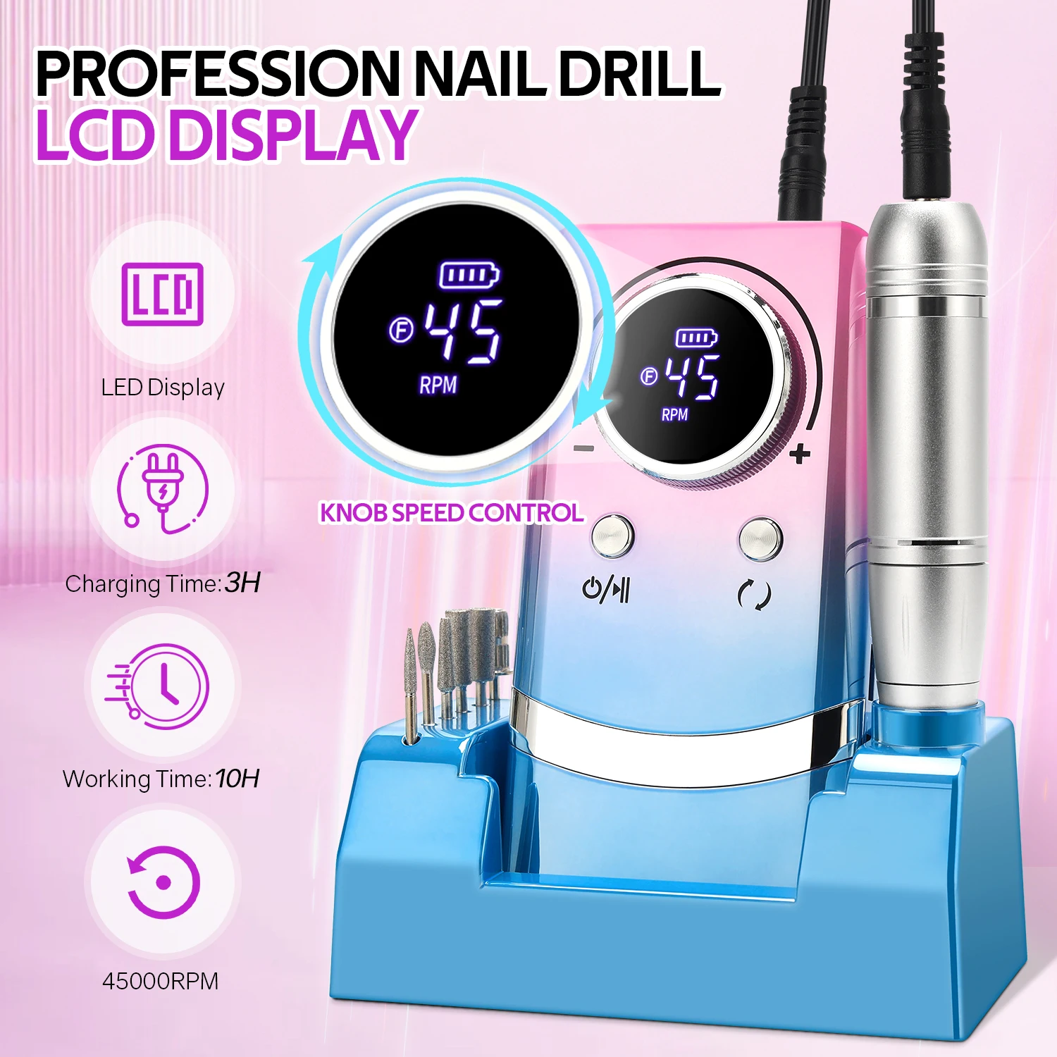 Professional Electric Nail Drill Machine Low Noise, Rechargeable, for Salon Use