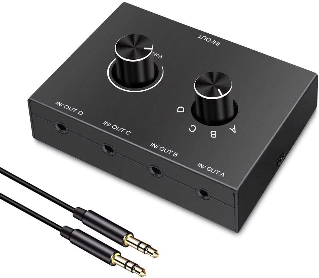 4/2 Way 3.5mm Stereo Audio Switcher – Bi-Directional Splitter Box with Mute
