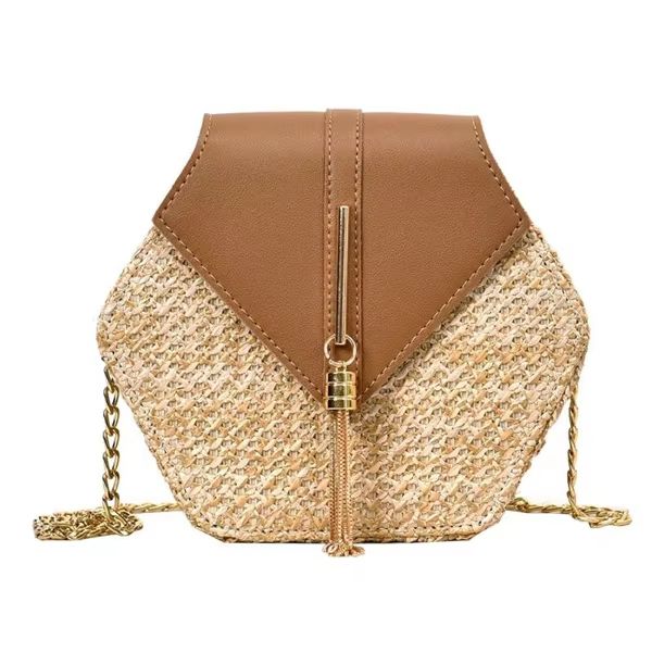 Boho Straw Rattan Shoulder Bag – Hexagon Handmade Woven Summer Handbag with Leather Strap