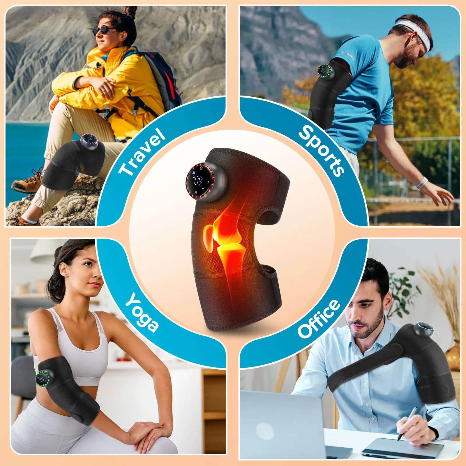 3-in-1 Cordless Heating Knee Pad with Massage and Adjustable Strap for Knee, Shoulder, and Elbow Relief