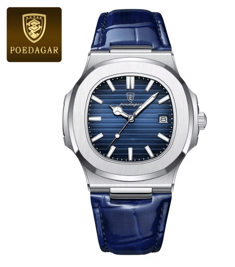 POEDAGAR Luxury Mens Square Watch Waterproof Quartz Wristwatch with Leather Strap