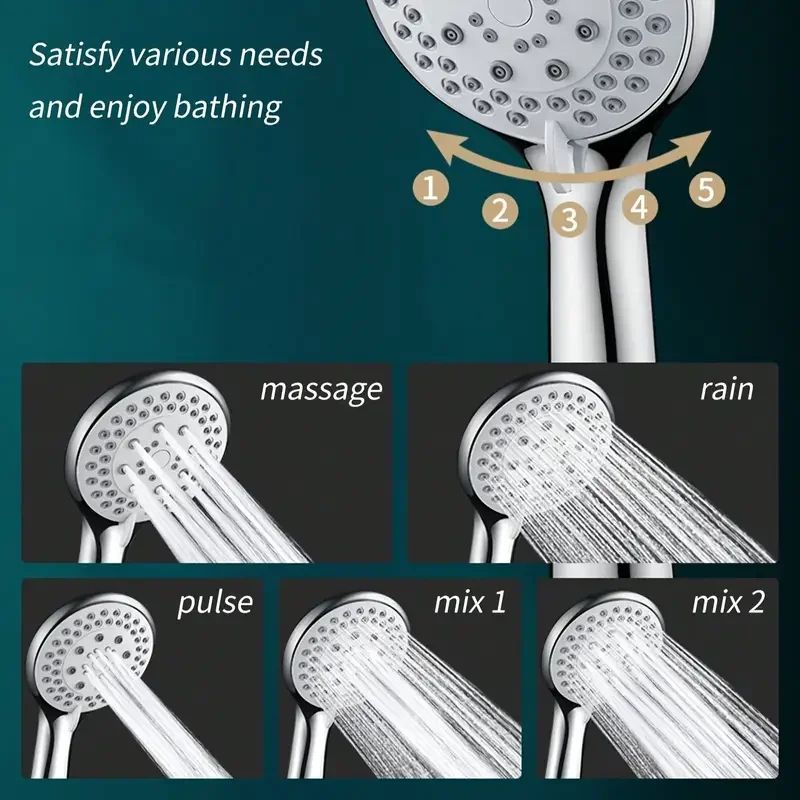 High Pressure Handheld Shower Head 5 Mode Adjustable Large Water Outlet