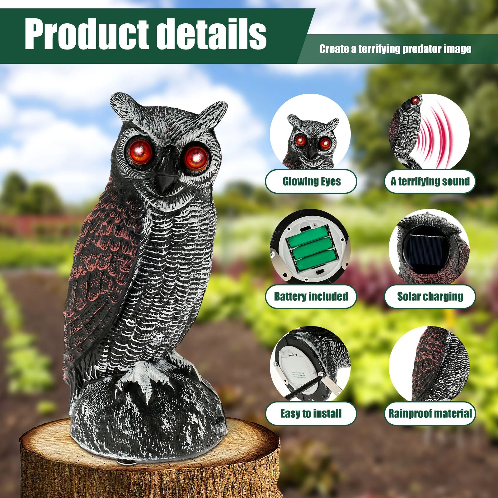 Solar Owl Bird Deterrent with Sound and Light Waterproof Garden Scarecrow