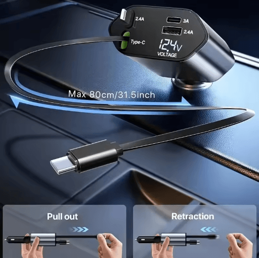 4-in-1 120W Retractable USB-C Car Charger Adapter with Fast Charging Cables
