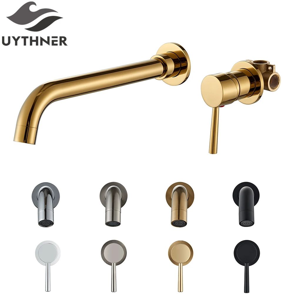 Brushed Gold Wall Mount Bathroom Faucet – Concealed Hot & Cold Basin Mixer Tap