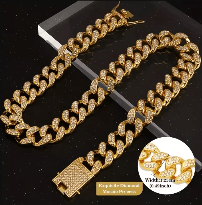 Dog Cuban Chain Collar – Stylish Metal Pet Collar with Diamond Design and Secure Buckle