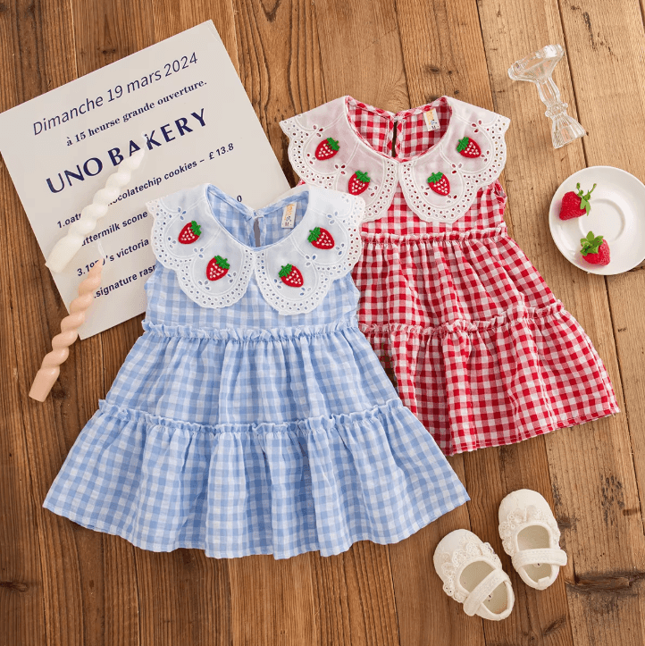 Korean Style Strawberry Embroidered Toddler Dress – Red Check Sleeveless Baby Girl Dress for Cute Summer Outings