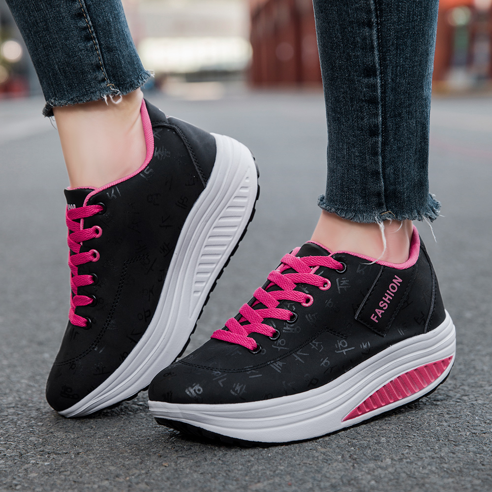 Comfortable Lace-up Sneakers, Ladies Casual Sports Shoes, Breathable Wedge Heel, Thick Sole Sneakers