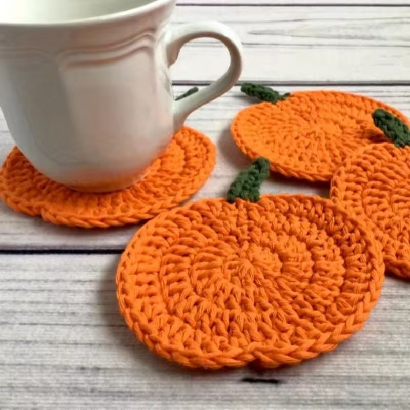 Handmade Autumn Crochet Pumpkin Coasters Set for Fall Table Decor and Drink Protection