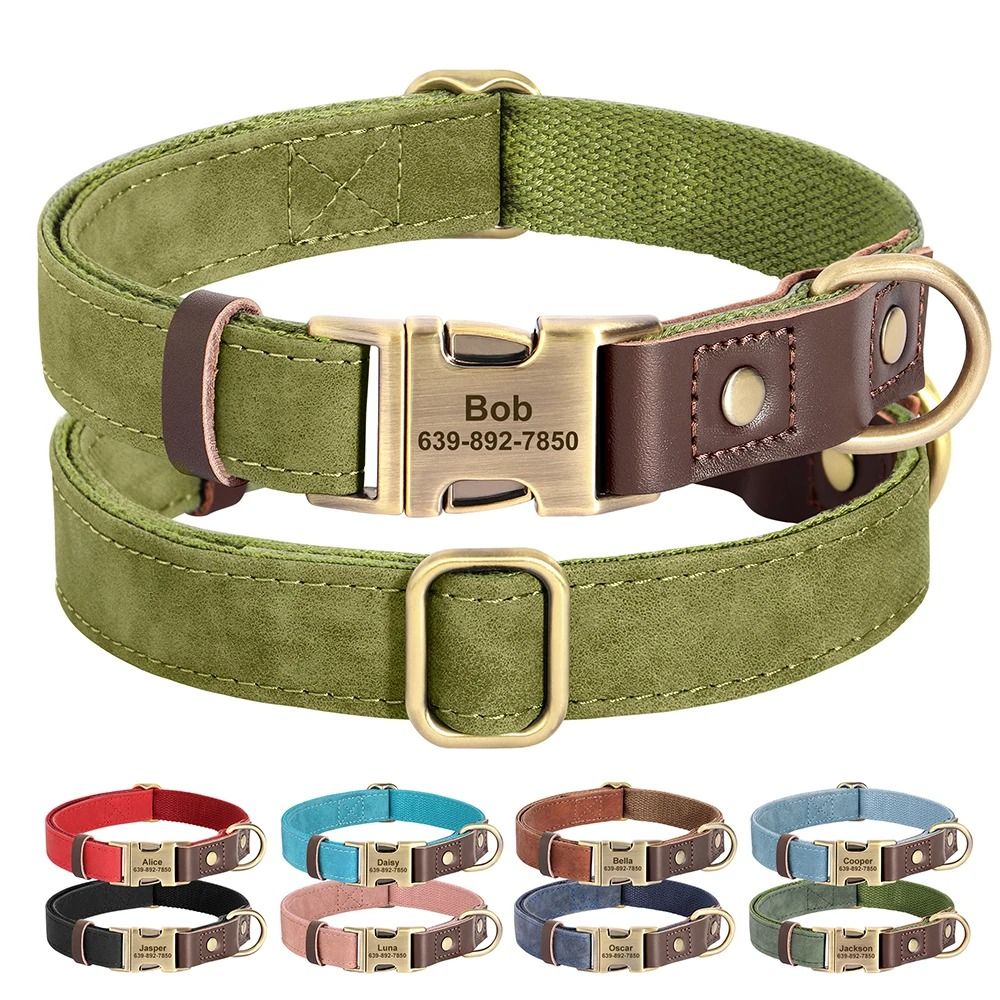 Custom Engraved PU Leather Dog Collar Adjustable ID Buckle