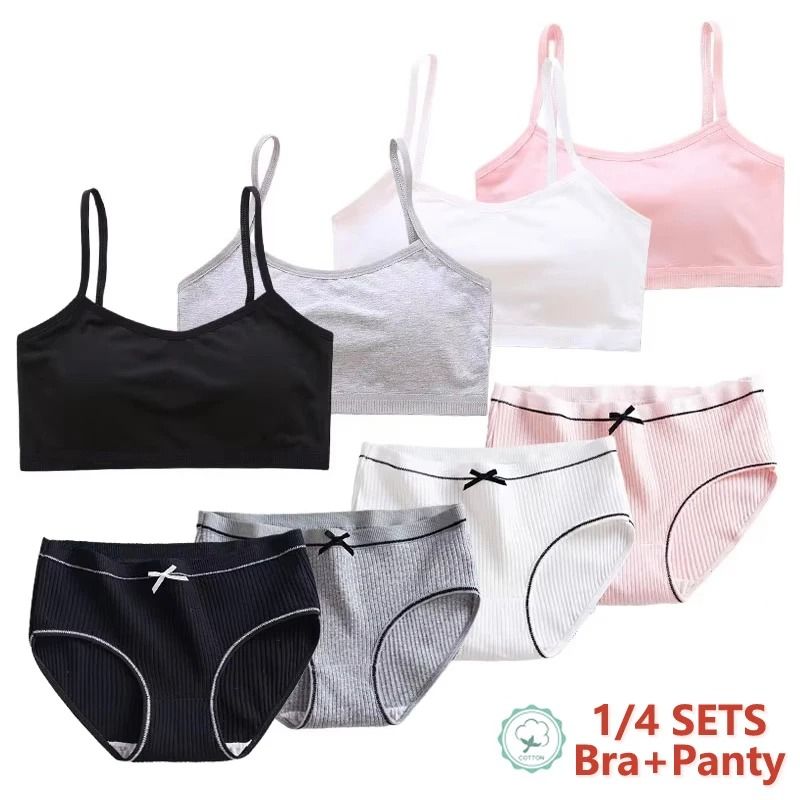 Cotton Girls Training Bra and Briefs Set Soft Wireless Underwear for Teen Girls