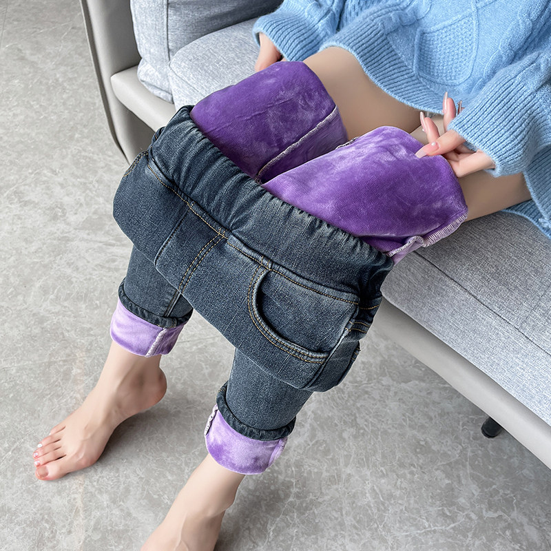 Womens Winter Jeans, Fleece Lined Slim Pencil Trousers, Elastic Waist Velvet Mom Denim Pants
