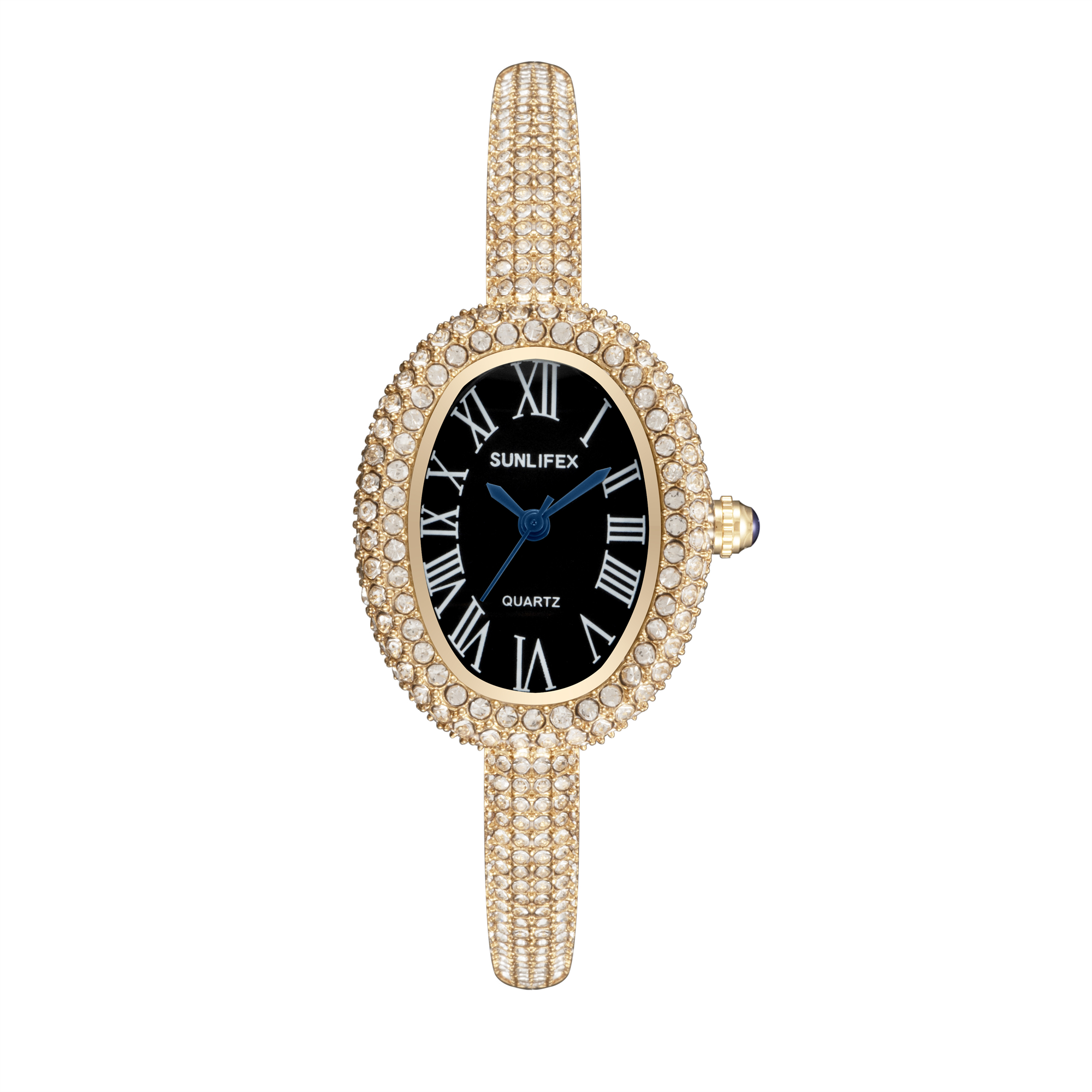 Luxury Women Quartz Watch, New Elegant Bracelet Wrist Watch with Roman Numerals, Rhinestones Inlaid Oval Design
