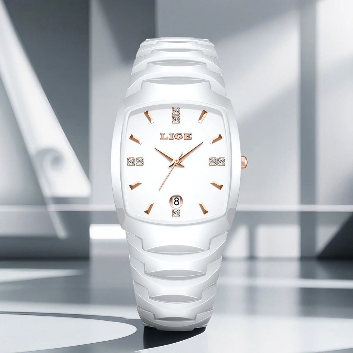 LIGE Elegant Square Women's Quartz Watch – Luxury Ceramic Stainless Calendar Ladies Wristwatch