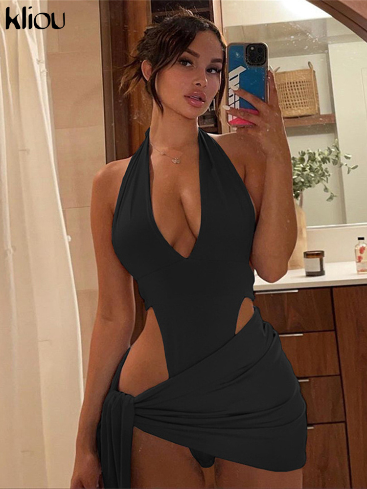 Sexy Solid Deep V Two Piece Sets Halter Top Backless Skirt Summer Partywear Ruched Hollow Out Women Set
