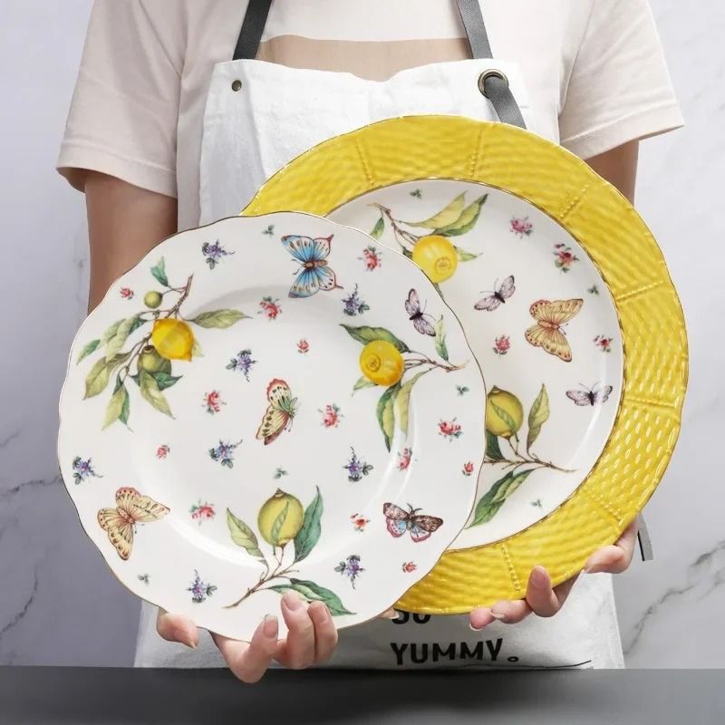 European Style Lemon Pattern Ceramic Dining Set – Elegant Dinner, Steak & Dessert Plates