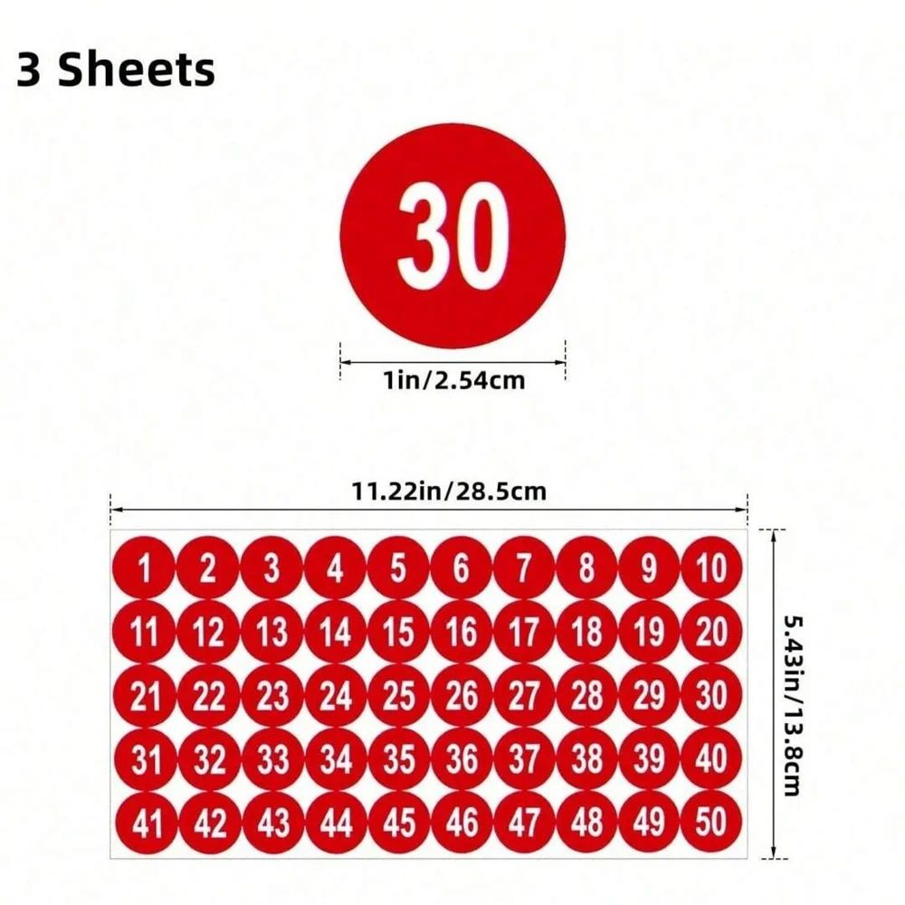 Waterproof Consecutive Number Stickers 1 to 50