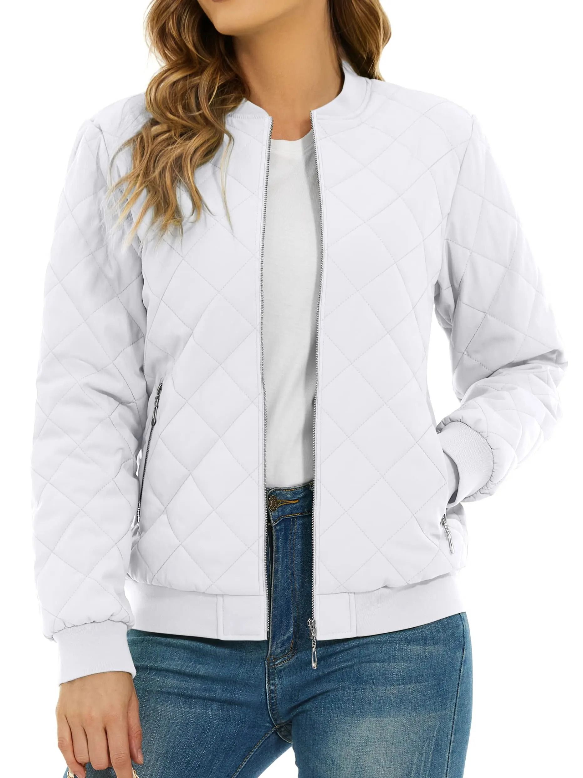 Womens Diamond Quilted Bomber Jacket Full Zip Warm Padded Coat