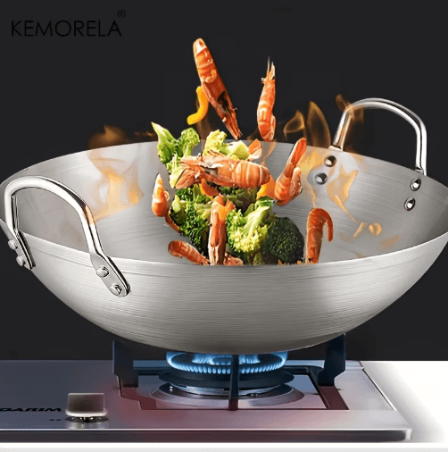 KEMORELA Premium Stainless Steel Wok Uncoated Double-Handle Chef Pan for High-Heat Stir-Fry
