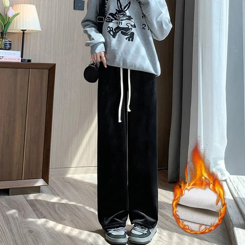 Womens Fleece Wide Leg Pants Warm Elastic Waist Winter Trousers Casual Loose Straight Leg Pants