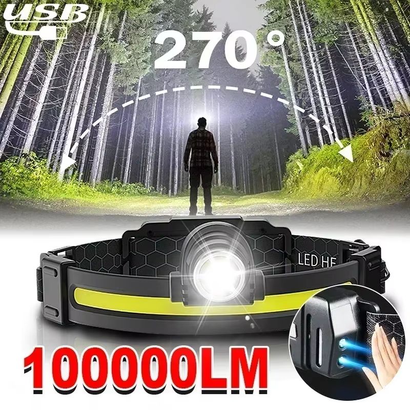 Powerful LED headlamp with XPE plus COB, 7 modes, motion sensor, 18650 rechargeable for fishing and hunting