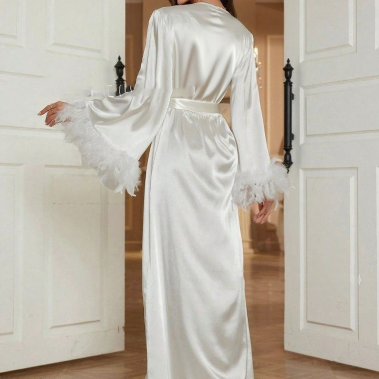 Elegant Ice Silk Long Bathrobe, Luxury Bride Wedding Robe with Feather, Sexy Yukata Gown, Loose Pajama