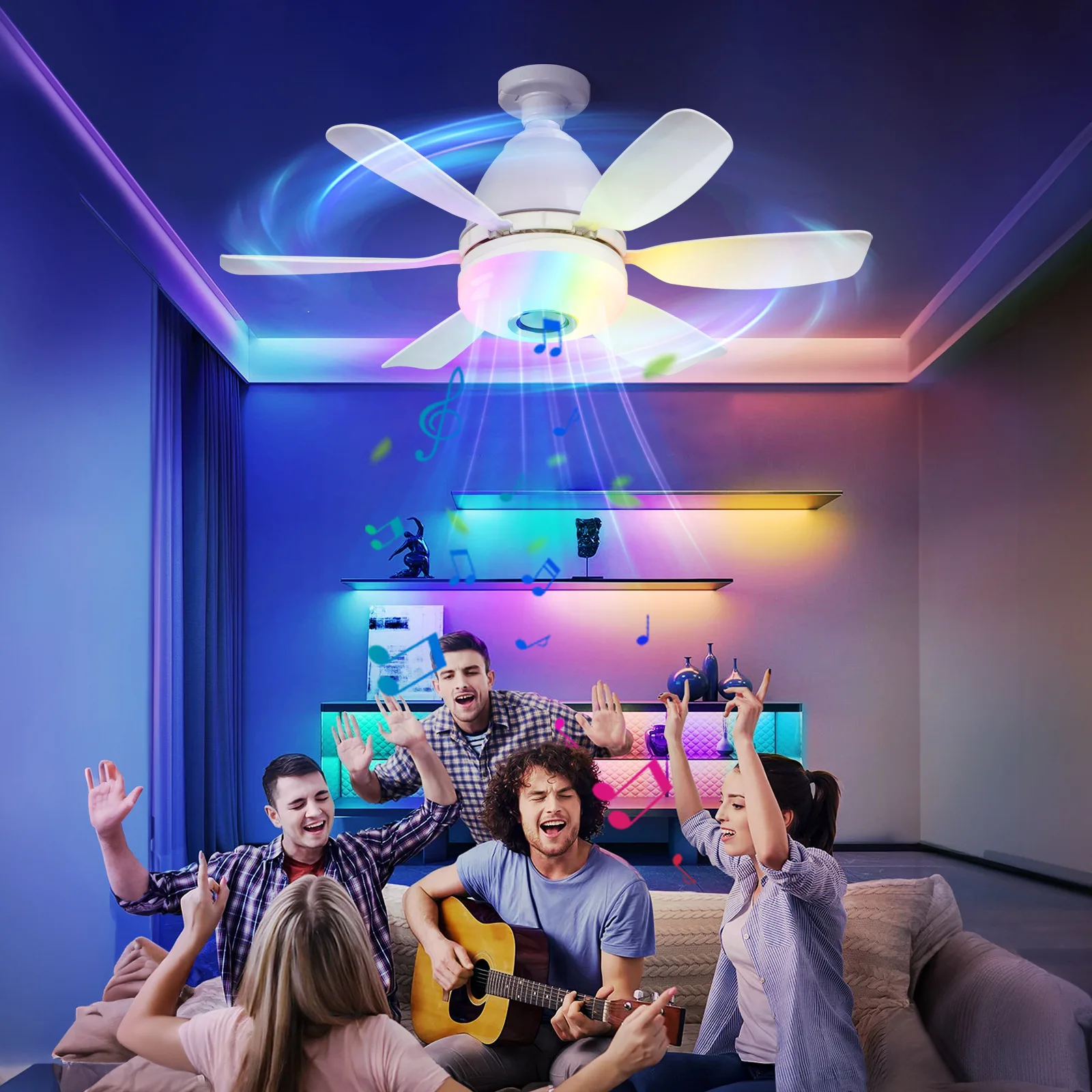Noiseless Socket Fan Light with Remote, Small Ceiling Fans, Dimmable LED Light, Bluetooth Speaker