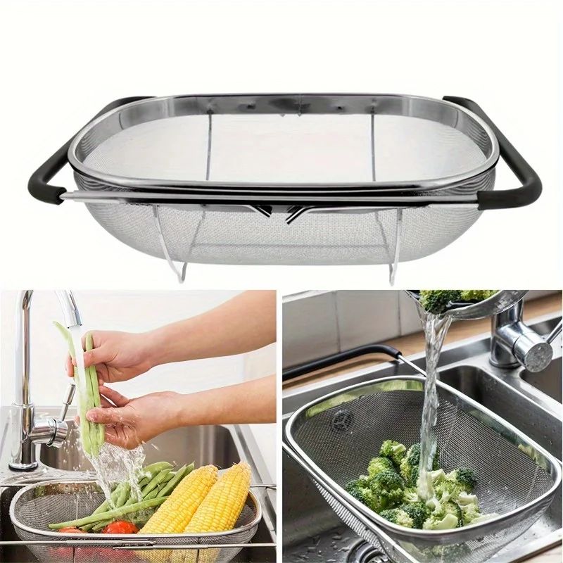Adjustable Stainless Steel Over-the-Sink Colander Basket – Expandable Mesh Strainer for Fruits,Vegetables & Kitchen Prep