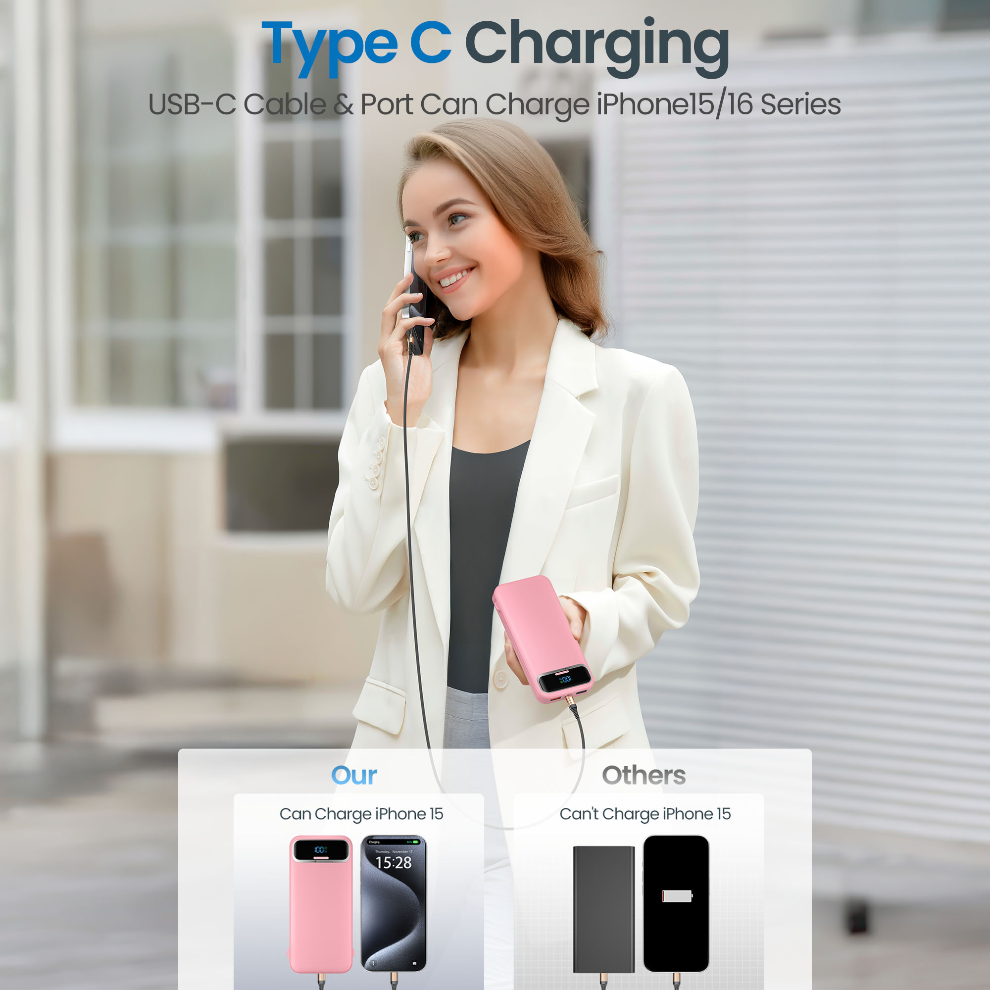 Ultra Thin 12000mAh Fast Charging Power Bank with Built In Cables and AC Plug