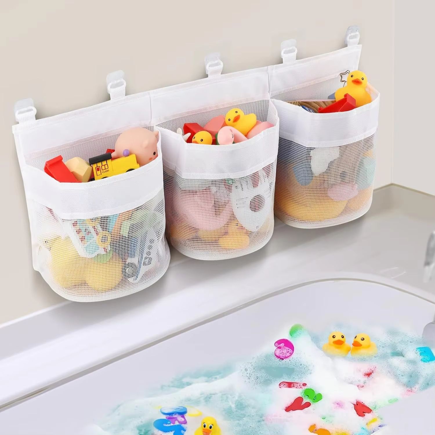Kids Bathroom Toy Storage Bag – Multi-Compartment Wall Organizer with Drainage Mesh