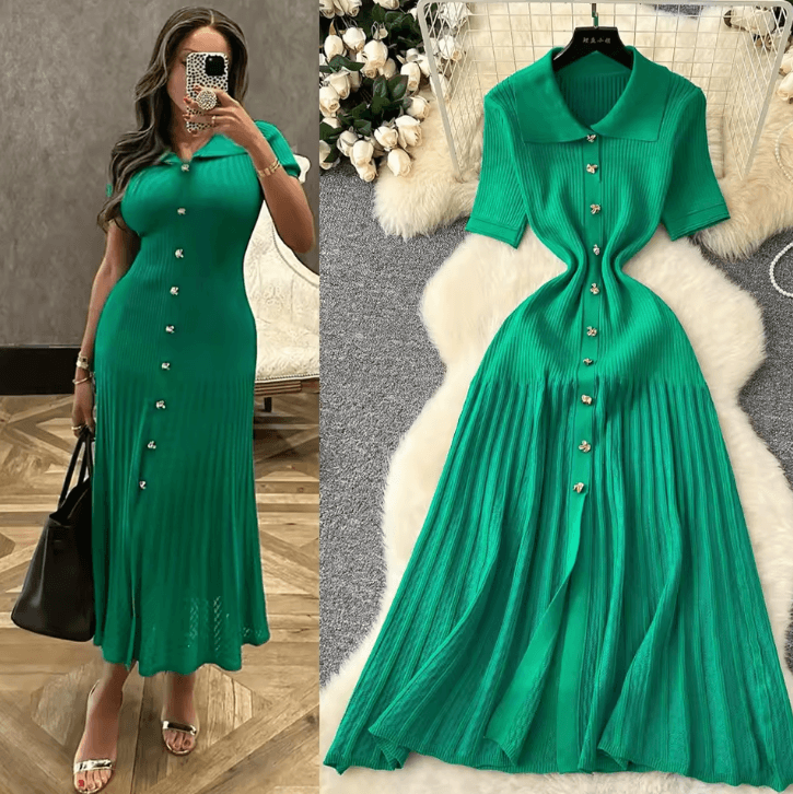 YuooMuoo Elegant Patchwork Knitted Maxi Dress with Turn-Down Collar