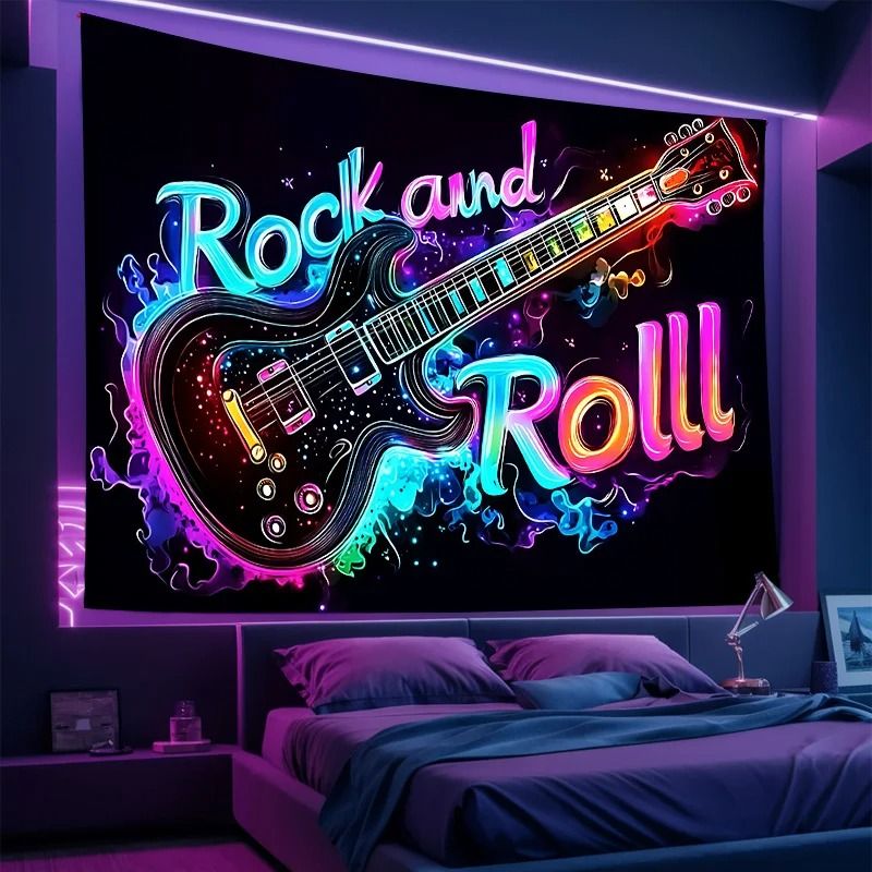 VIKAMA Neon Electric Guitar Tapestry – Neon Guitar Tapestry Rock Music Wall Hanging Decor