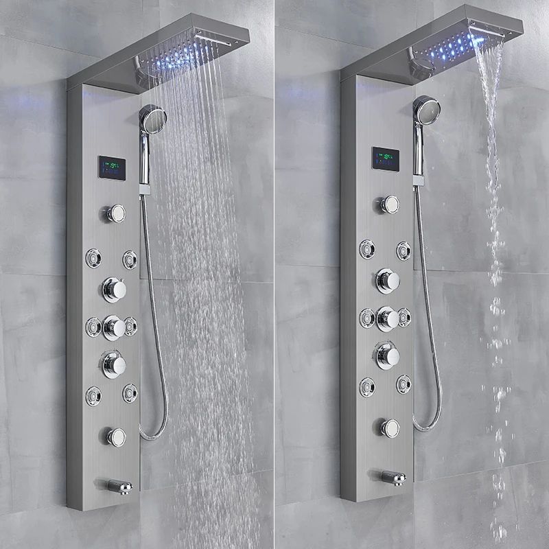 LED Light Bathroom Shower Faucet Set, Rainfall Panel System with Digital Temperature Display, Massage SPA Jets, and Bat