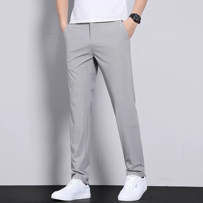 Mens Ultra Thin Quick Dry Elastic Trousers Summer Slim Straight Pants