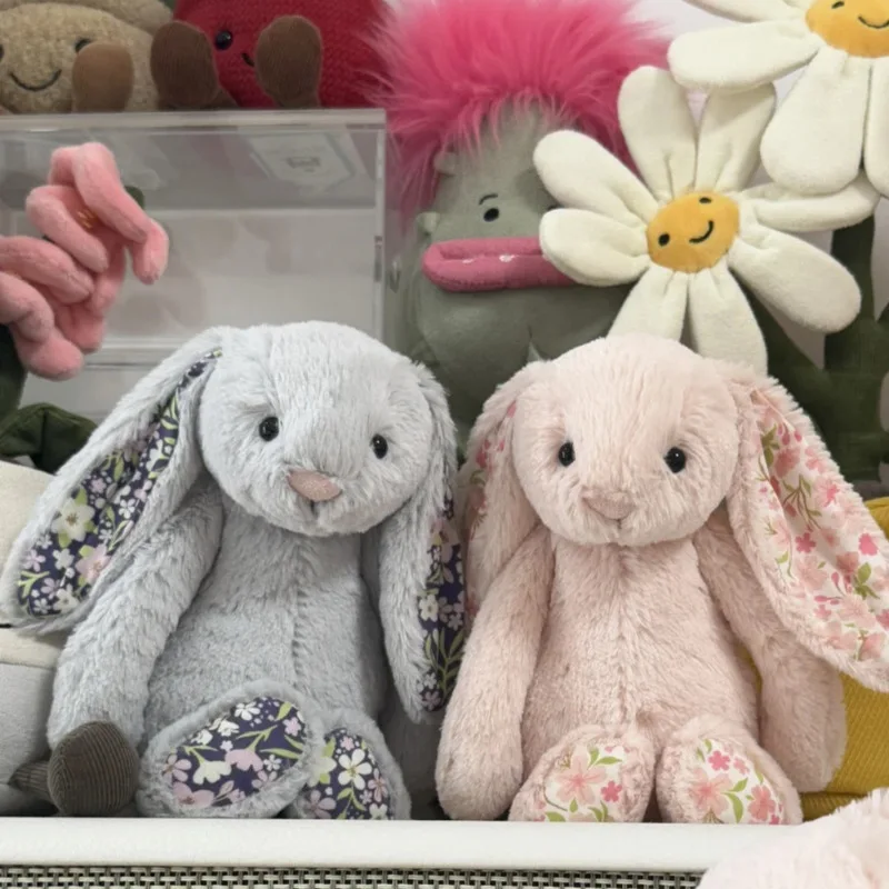 NEW Easter Rabbit Grey Plush Doll with Pink Strawberry Flower Ears Gift