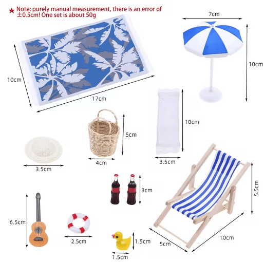 Mini Dollhouse Beach Set Deckchairs & Sunshade Umbrella Fairy Garden Decor