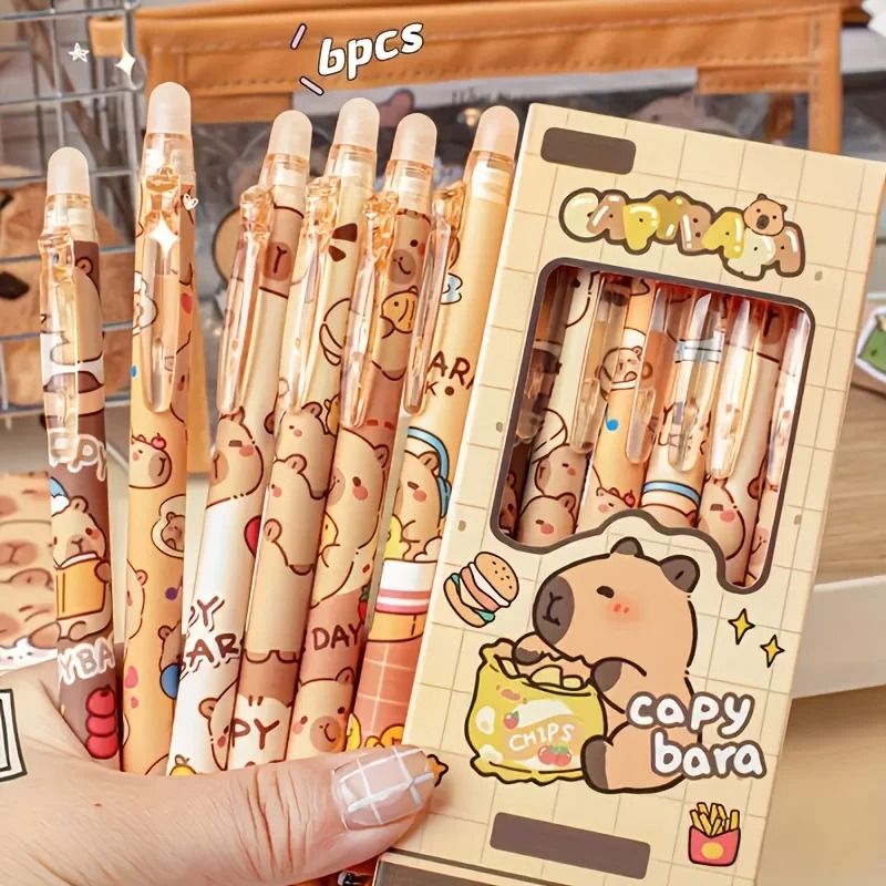 6-Piece Cute Capybara Erasable Gel Pen Set – 0.5mm Retractable Blue Ink for Effortless Writing & Editing