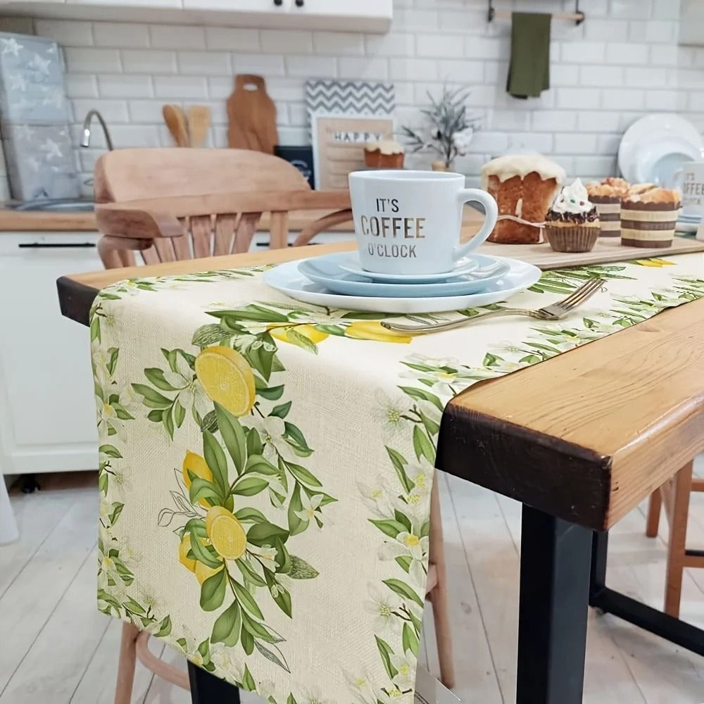 Lemon Floral Linen Table Runner Summer Farmhouse Dining Decor