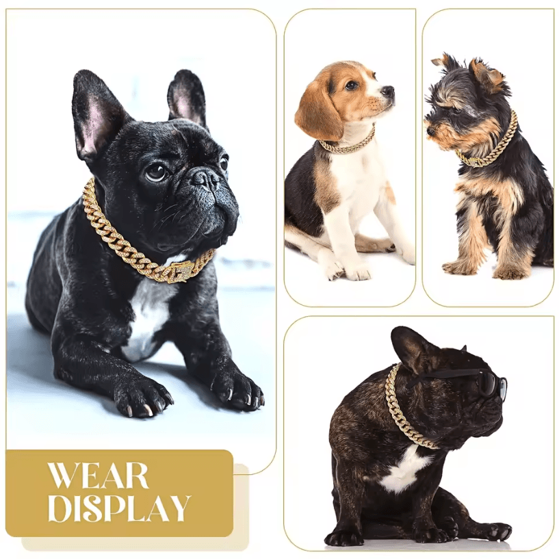 Dog Cuban Chain Collar – Stylish Metal Pet Collar with Diamond Design and Secure Buckle