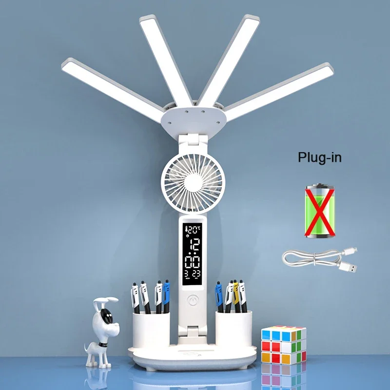 Multifunction Desk Lamp with Fan and Clock Foldable USB Rechargeable LED Desk Lamp