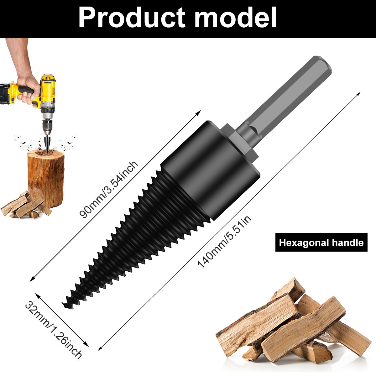 Firewood Log Splitter, Sturdy High-Carbon Steel Wood Log Splitter Screw Cones Drill Bit, Hex/Round/Square Shank