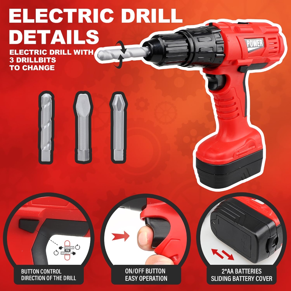 Children Tool Set with Electric Toy Drill Fun Pretend Play Tool Kit for Boys & Girls